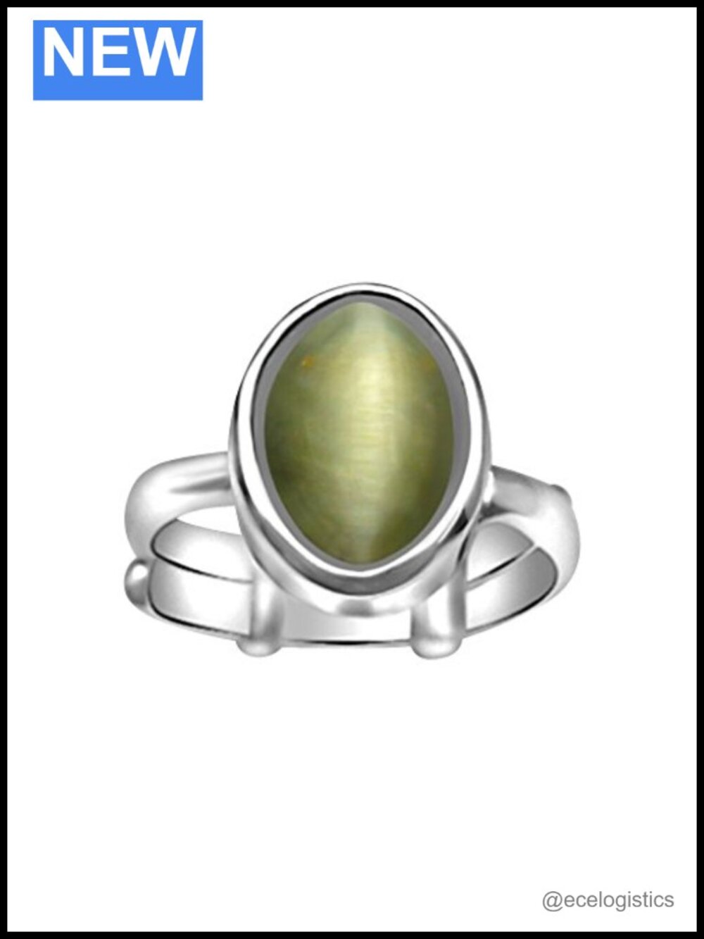 Adjustable Silver-Plated Cat's Eye Gemstone Ring Oval Cabochon Statement